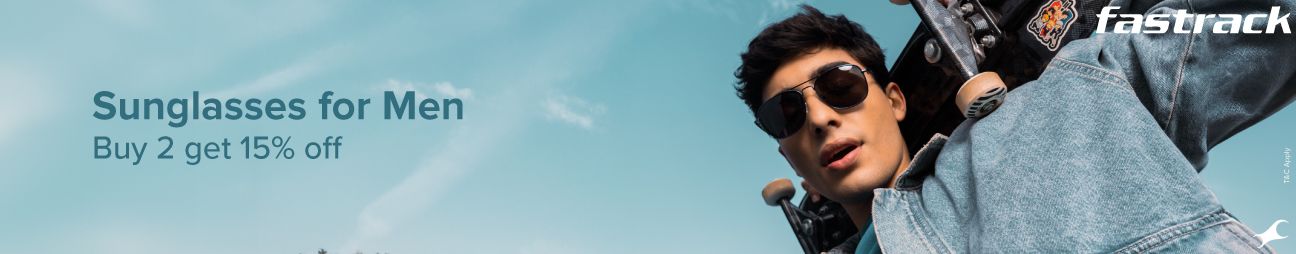 Men is wearing Fastrack sunglasses, and there’s an offer: "Buy 2 and get 25% off."