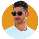 Men wearing prescription sunglasses with white tshirt, looking left, with a yellow background