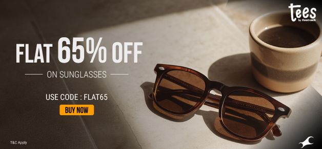 Smart woman in red sunglasses, blue background, banner: 60% off on sunglasses, use code: Flat60
