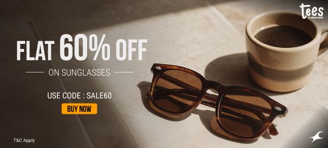 Smart woman in red sunglasses, blue background, banner: 60% off on sunglasses, use code: Flat60