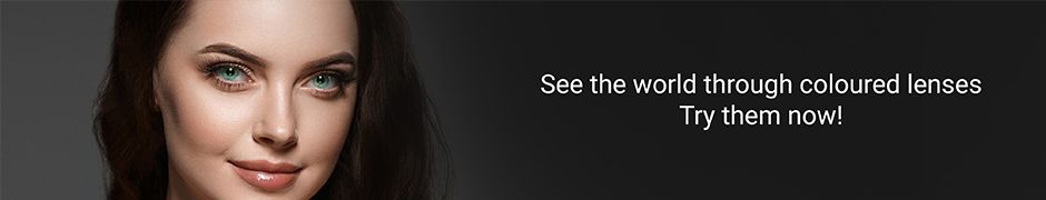 Girl wearing blue contact lenses looking straight with a banner showing See the world through coloured lenses Try them now!