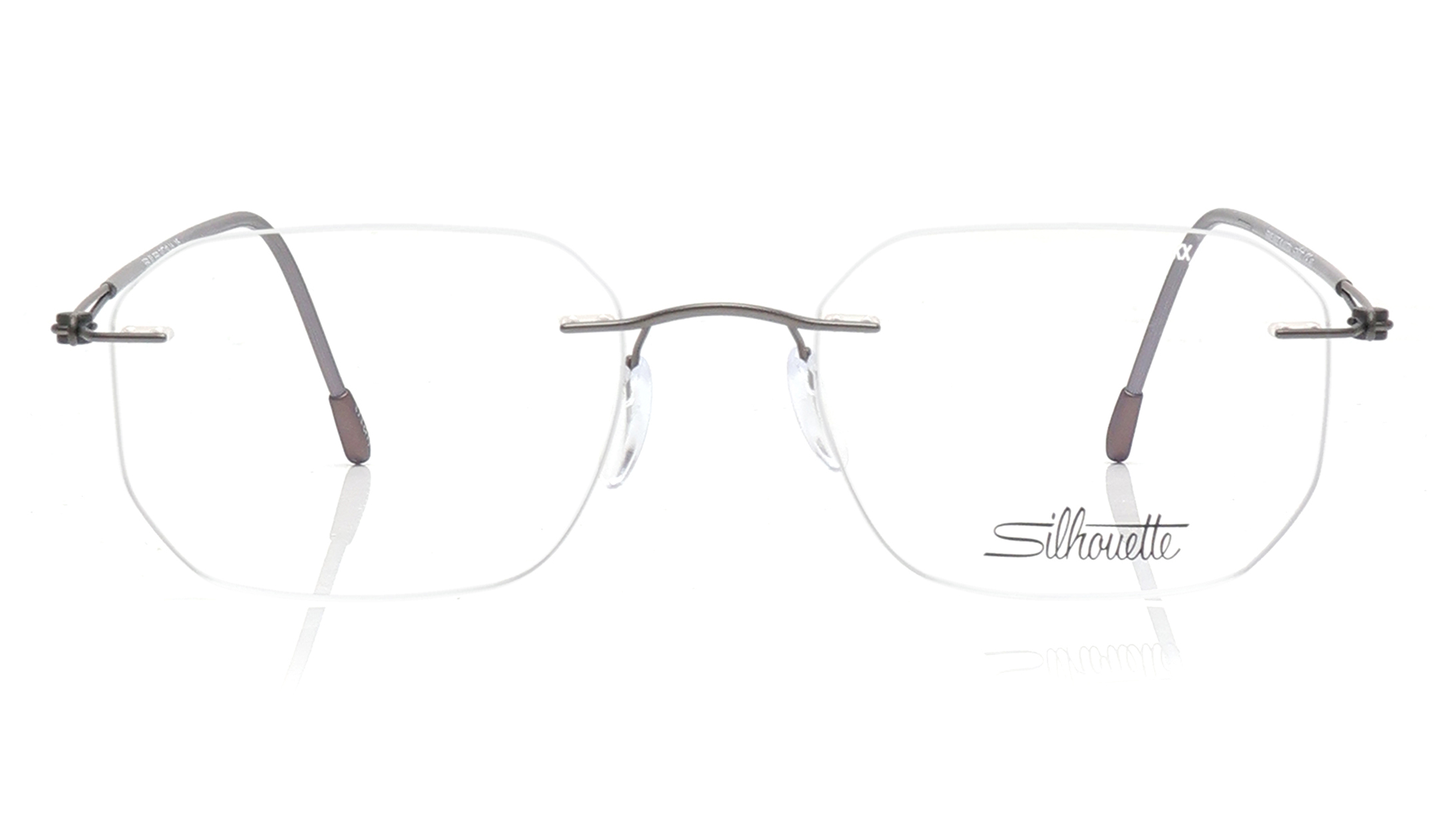 Image 1 of Gunmetal Hexagon Rimless Eyeglasses for Men from Silhouette Available at Titan Eye+