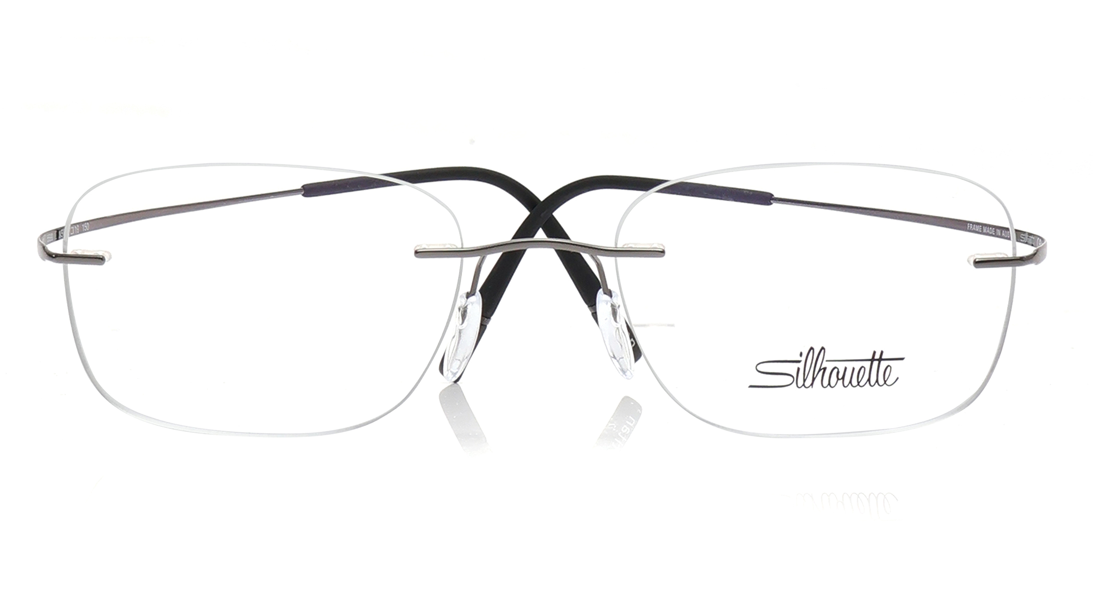 Image 1 of Gunmetal Rectangle Rimless Eyeglasses for Men and Women from Silhouette Available at Titan Eye+