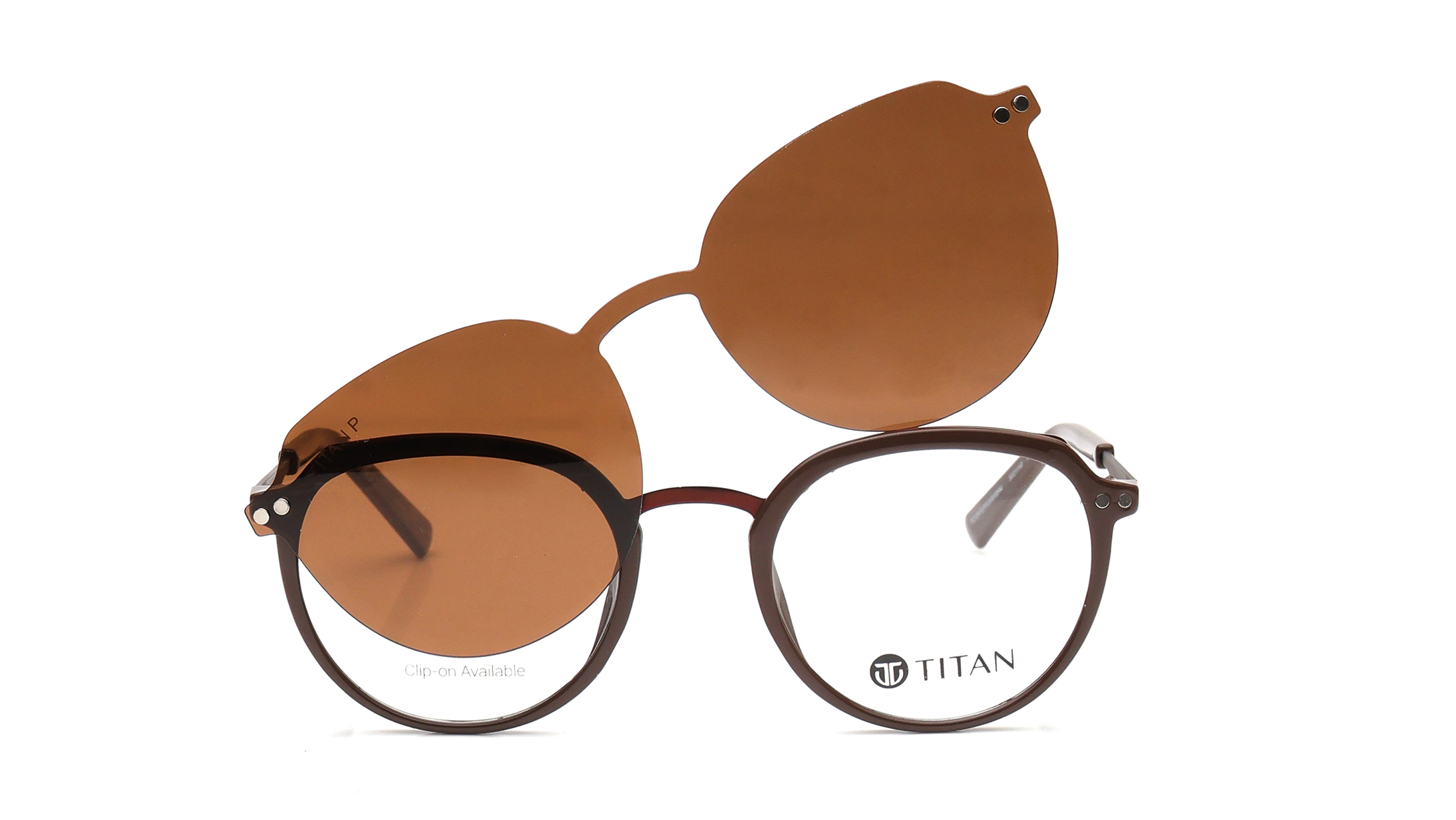 Image 1 of Brown Geometric Eyeglasses with Clip-On for Men and Women from Titan Available at Titan Eye+