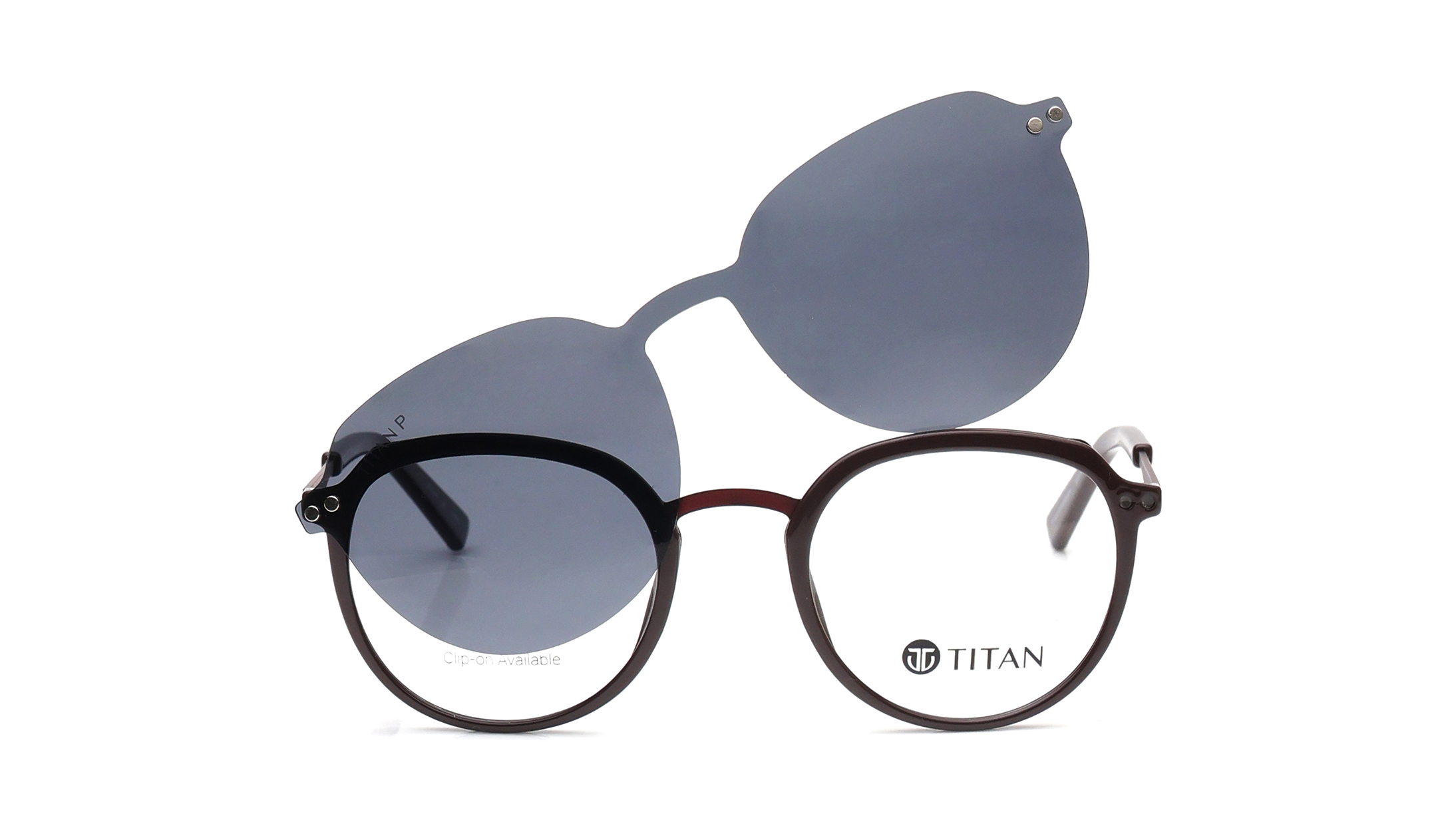 Image 1 of Burgundy Geometric Eyeglasses with Clip-On for Men and Women from Titan Available at Titan Eye+