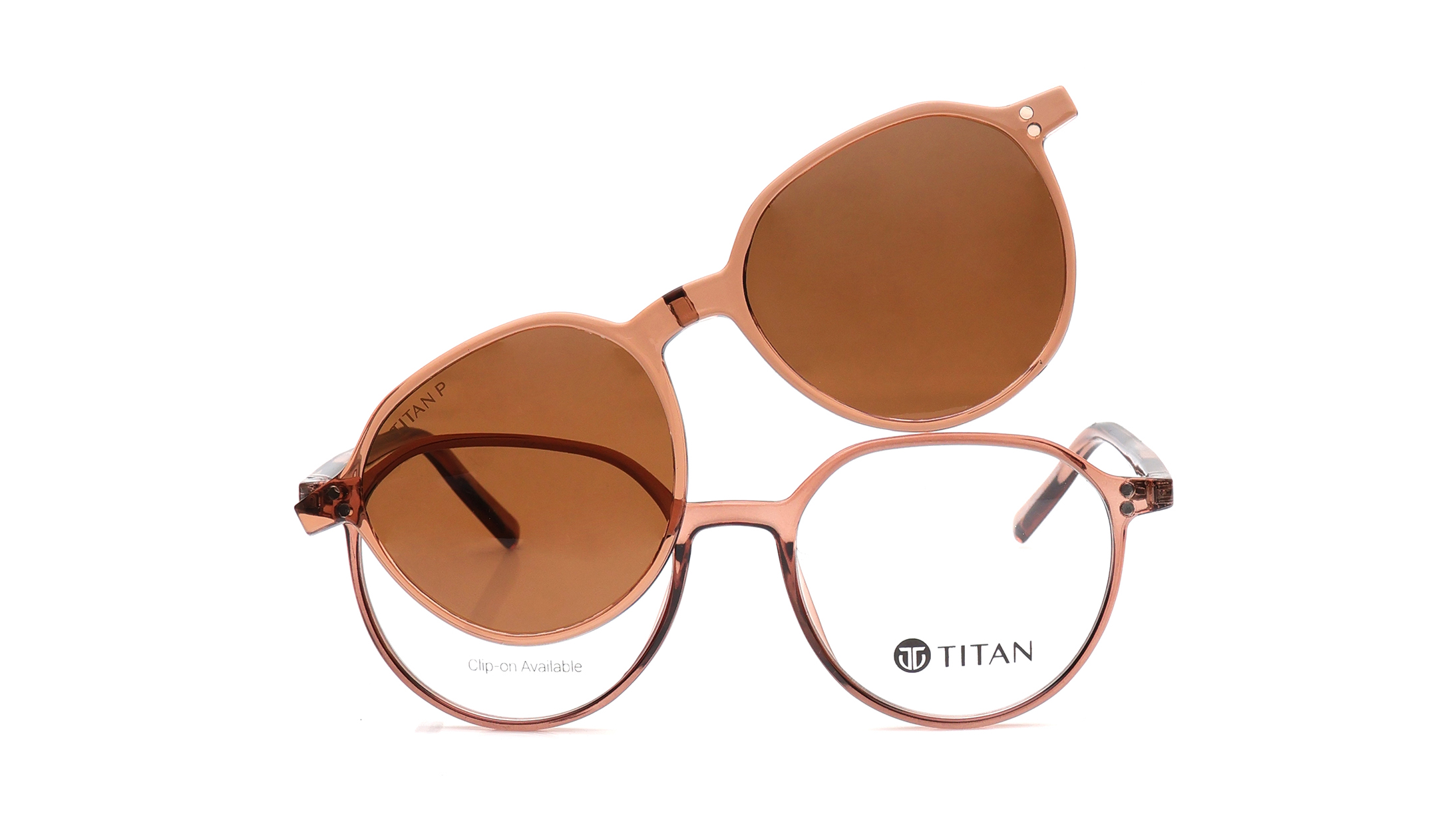 Image 1 of Brown Geometric Eyeglasses with Clip-On for Men and Women from Titan Available at Titan Eye+