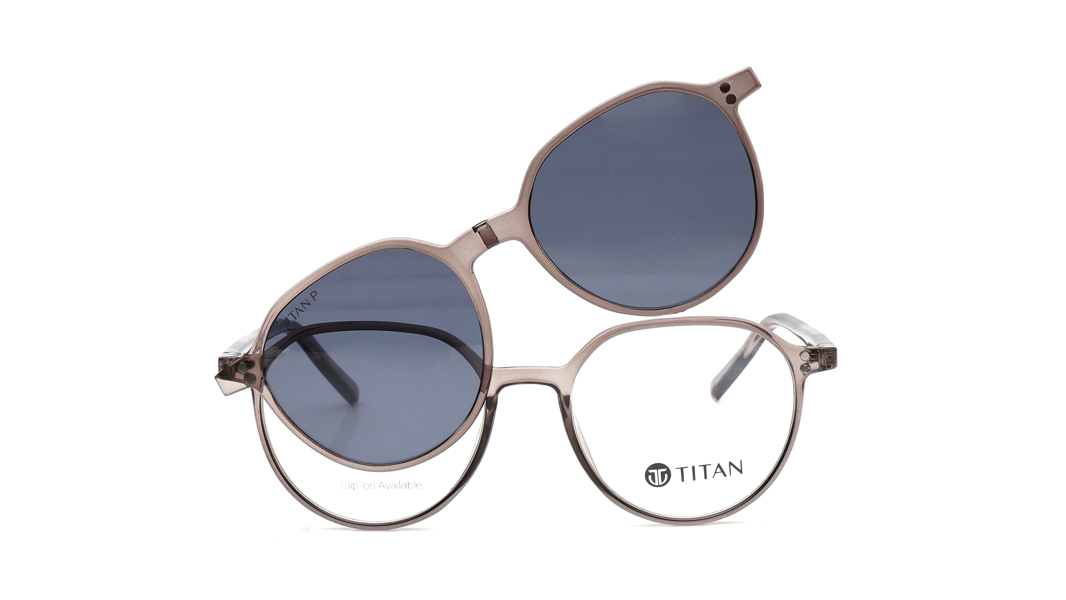 Image 1 of Grey Geometric Eyeglasses with Clip-On for Men and Women from Titan Available at Titan Eye+
