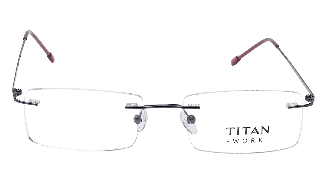 Image 1 of Purple Rectangle Rimless Eyeglasses from Titan Available at Titan Eye+